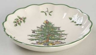 Spode Christmas Tree Green Trim Small Round Fluted Dish, Fine China Dinnerware  
