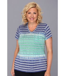TWO by Vince Camuto Plus Size Feeder Stripe Tie Dye Jersey Tee Womens Short Sleeve Pullover (Blue)