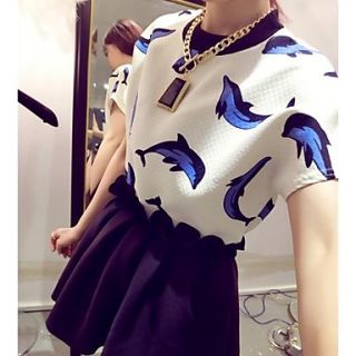 Womens Round Neck Dolphin Pattern Print Ribbed Cotton T Shirt