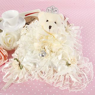 Square Wedding Ring Pillow In Ivory Satin And Lace With Cute Bear