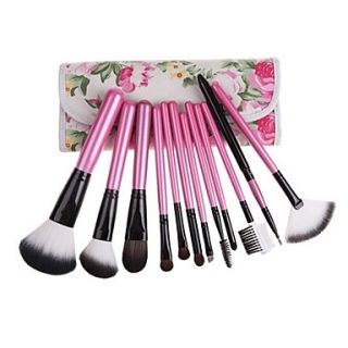 12PCS Pink Handle Cosmetic Brush Set With Free Floral Pink Pouch