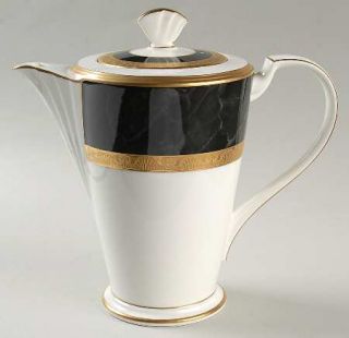 Noritake Opulence Coffee Pot & Lid, Fine China Dinnerware   Black Marble Border,