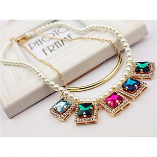 Daphne Korean Style Double Layer Exaggerated Colorful Crystal Pearl Clavicle Chain Necklace (Screen Color)