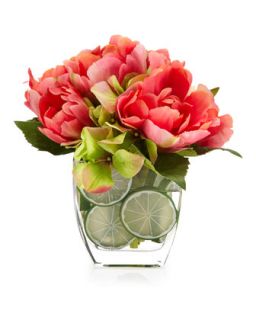 Tulip & Hydrangea Faux Floral Arrangement, Pink/Green