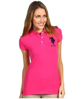 U.S. Polo Assn Solid Polo Shirt with Big Pony Womens Short Sleeve Knit (Pink)
