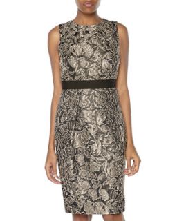 Sleeveless Floral Brocade Cocktail Dress, Taupe