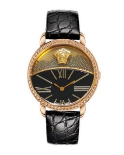 Dual Dial Leather Strap Watch, Black/Rose Golden