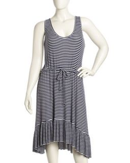 Striped Ribbed Knit Racerback Dress, Navy/White, Womens