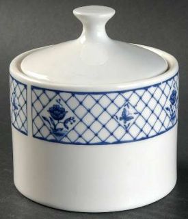 Sango Dynasty Sugar Bowl & Lid, Fine China Dinnerware   Blue Lattice/Floral & Bu