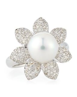 Diamond & Akoya Cultured Pearl Flower Ring, Size 7
