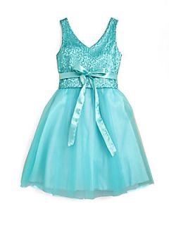 Girls Sequined Lace Party Dress   Teal