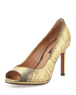 Thalia Peep Toe Snakeskin Pump, Black Gold