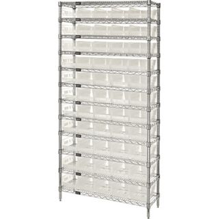 Quantum Storage Wire Shelving System with 55 Clear Bins   12 Shelf Unit, 36in.W