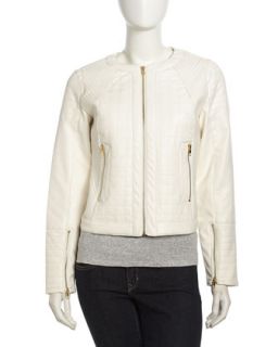Quilted Faux Leather Moto Jacket, Egret