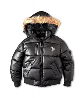 U.S. Polo Assn Kids Bubble Jacket w/ Flap Pockets Faux Fur Trimmed Hood Girls Coat (Black)